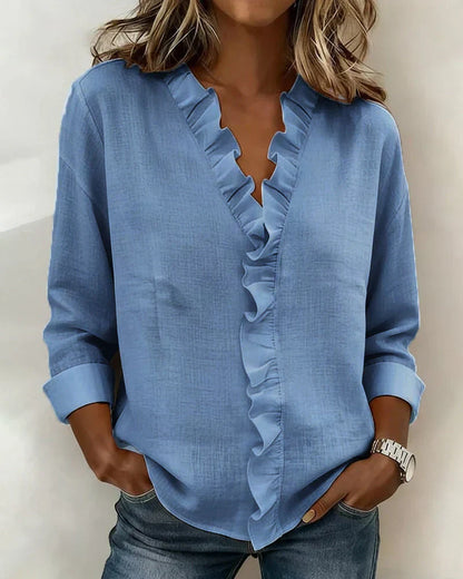 Gioia | V-neck blouse with ruffle detail - Blue