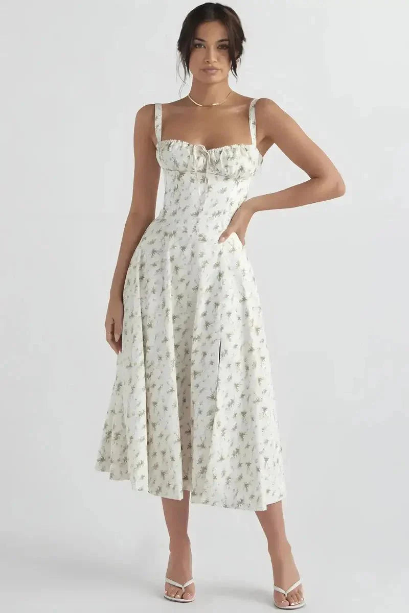 Korselle | Women's Floral Corset Bodice Midi Dress