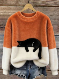 Women's Cat Print Fluffy Knit Jumper, Colour Block Sweater