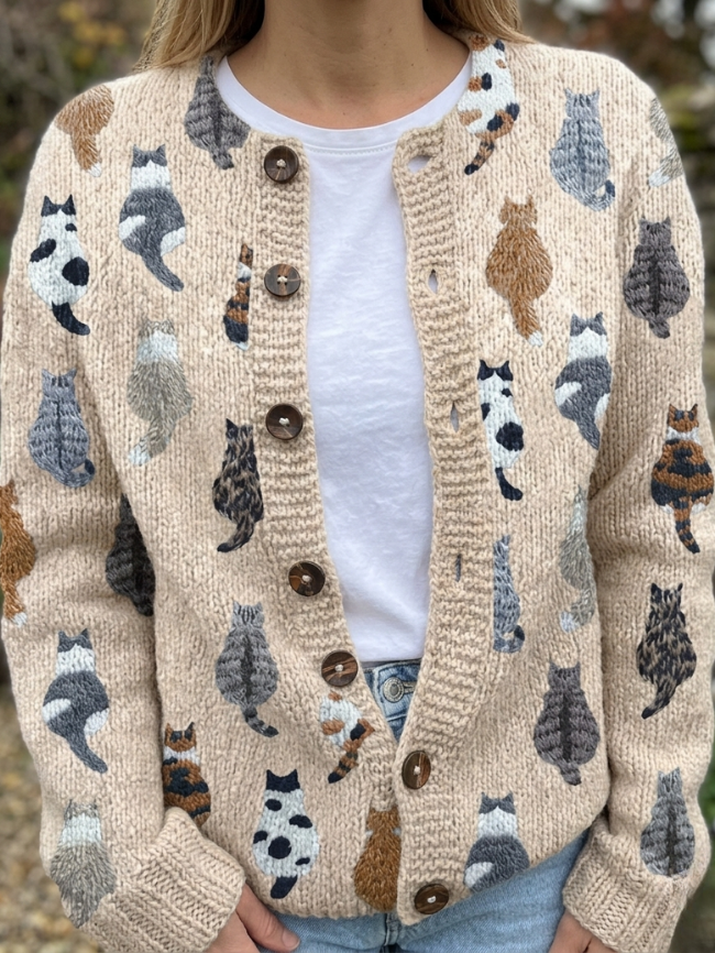 Sorvane soft cat pattern button cardigan front view