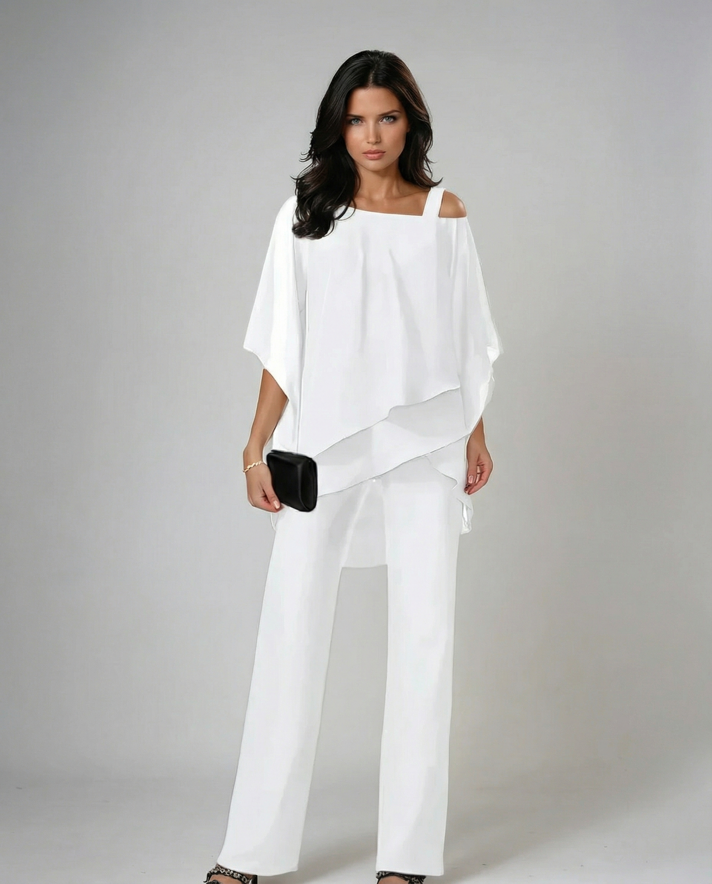 Delvora white flowing asymmetric wide-leg two-piece set - front