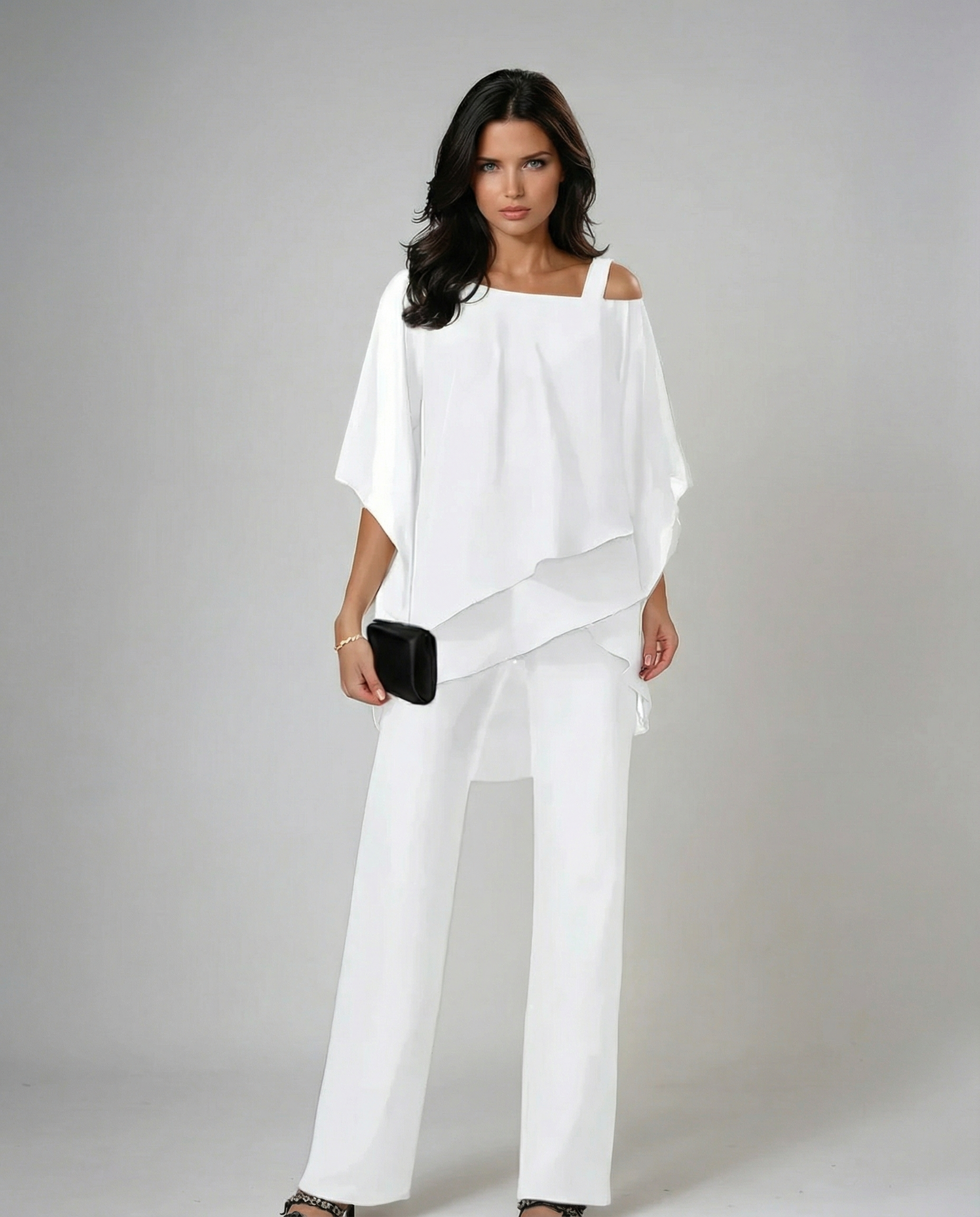 Delvora white flowing asymmetric wide-leg two-piece set - front
