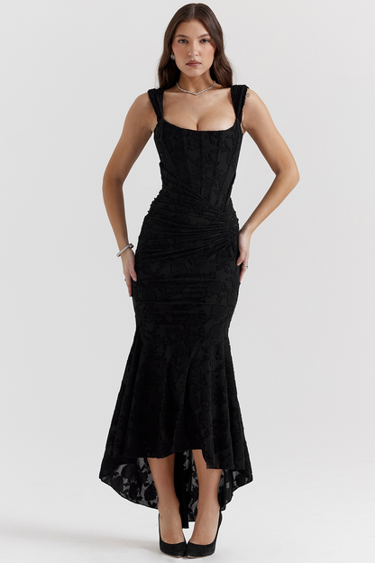 Delvaine | Lace-texture corset bodice maxi dress