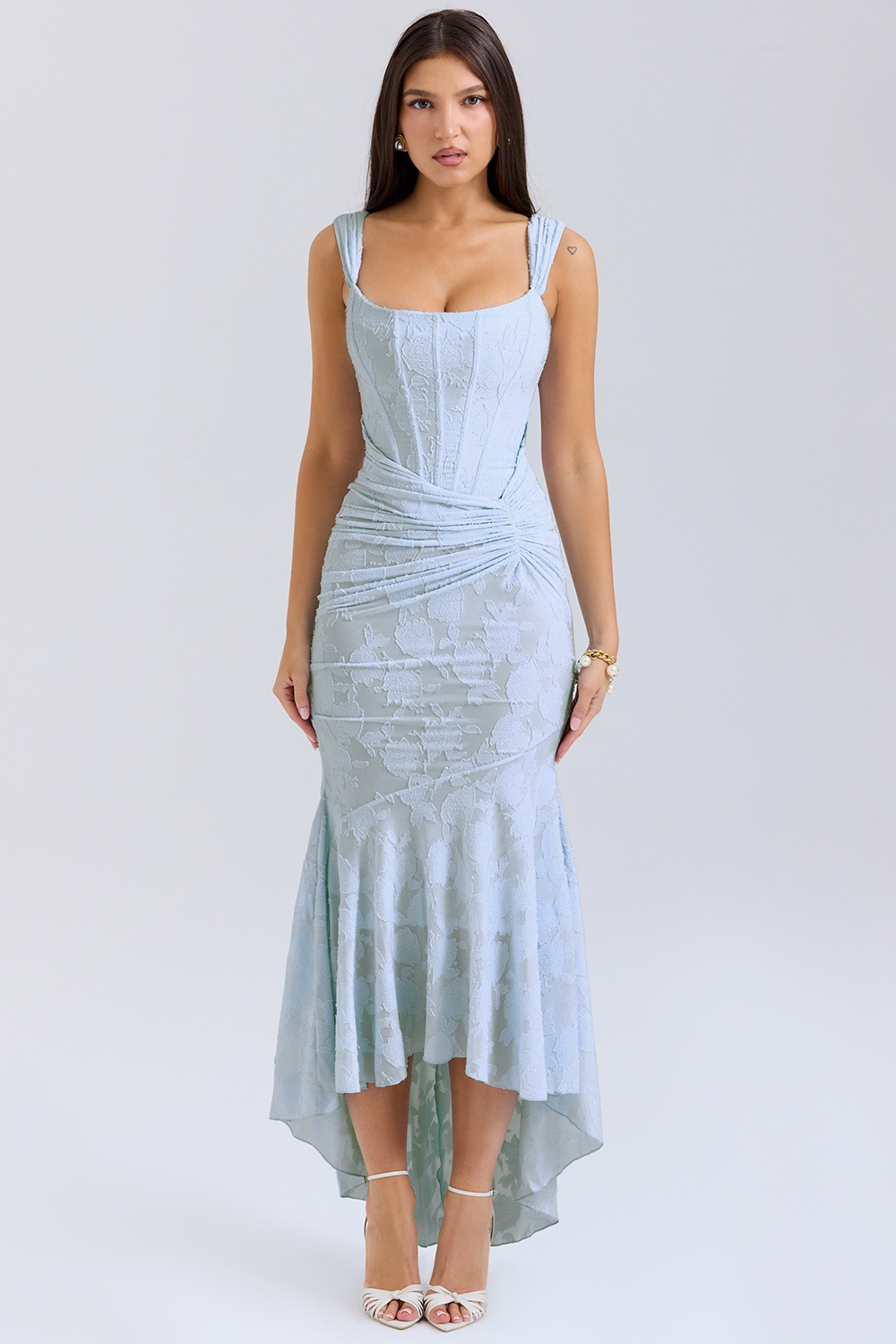Delvaine light blue lace-texture corset bodice maxi dress