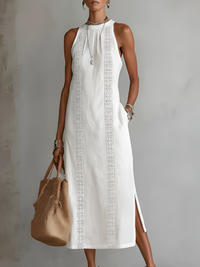 Vellana | Stand collar sleeveless linen midi dress with pockets