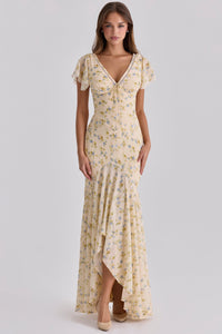Morvene | Lemon floral georgette maxi tea dress