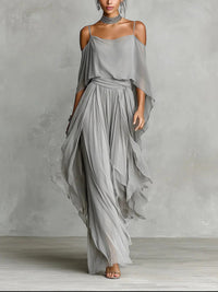 Delvainei | Fluid grey off-shoulder cami and wide-leg chiffon set