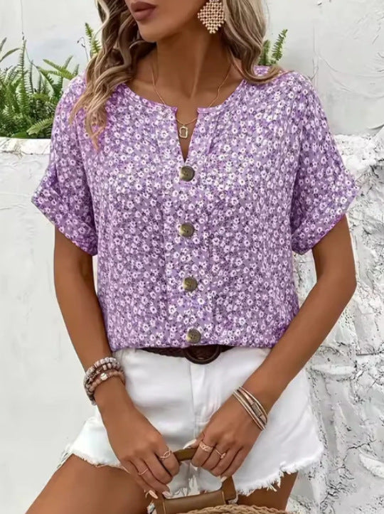 Floressa | Floral Print V-Neck Blouse with Button Detail — image 3