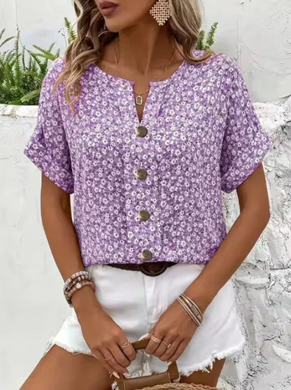 Floressa | Floral Print V-Neck Blouse with Button Detail — image 3