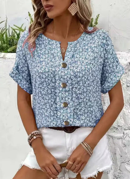 Floressa | Floral Print V-Neck Blouse with Button Detail — image 2