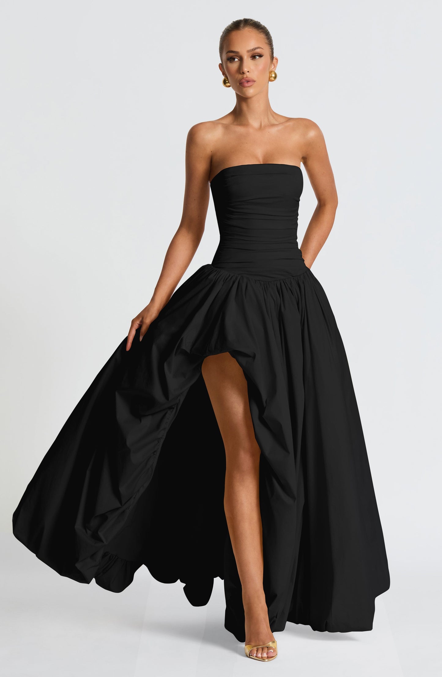Tolvane | Strapless puffball maxi dress with thigh split