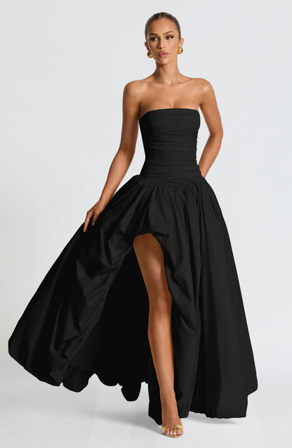 Tolvane | Strapless puffball maxi dress with thigh split