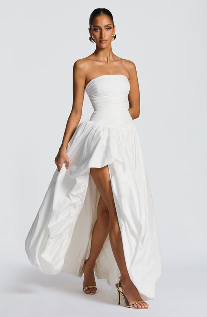 Tolvane | Strapless puffball maxi dress with thigh split