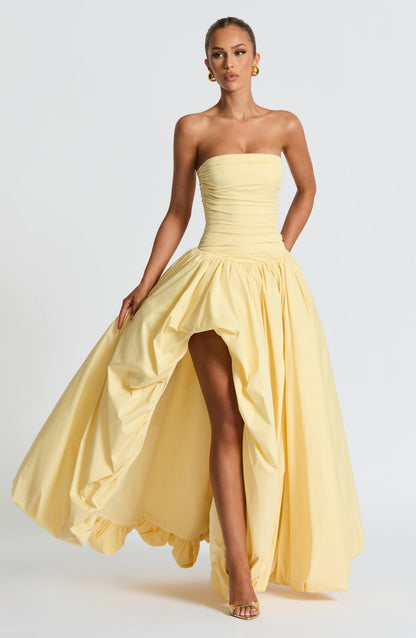 Tolvane | Strapless puffball maxi dress with thigh split