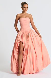 Tolvane | Strapless puffball maxi dress with thigh split