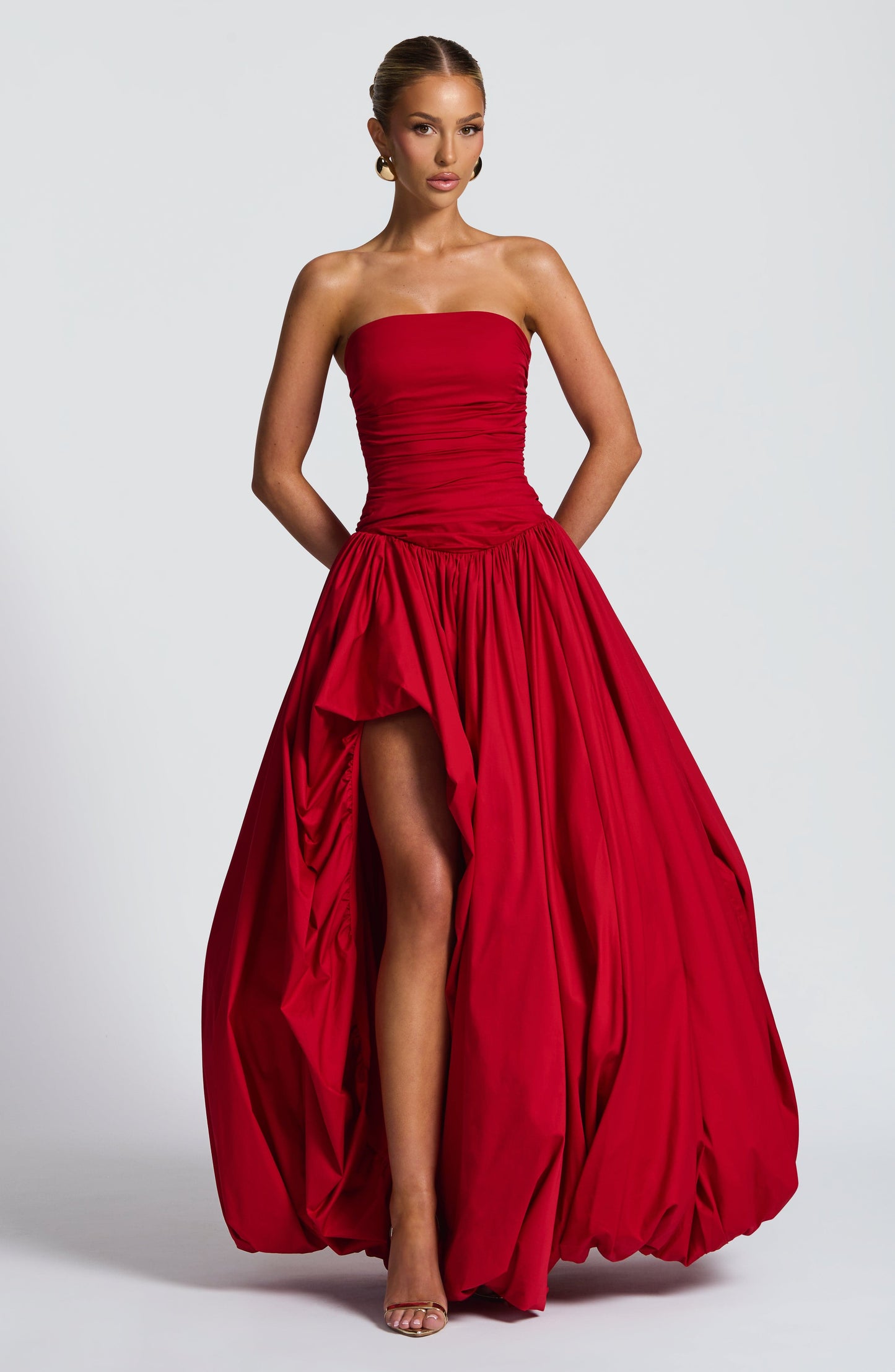 Tolvane | Strapless puffball maxi dress with thigh split