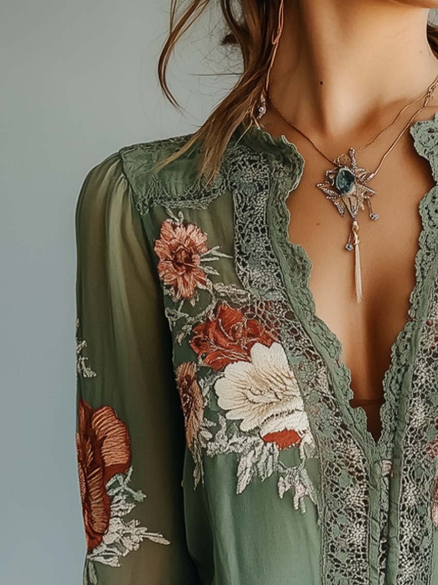 Florvane boho floral lace blouse - detail view