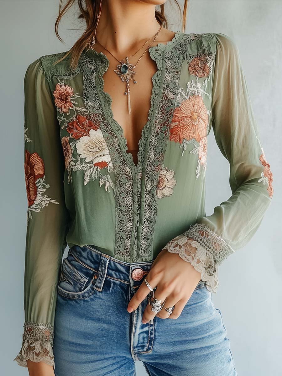 Florvane boho floral lace blouse sage green - front view