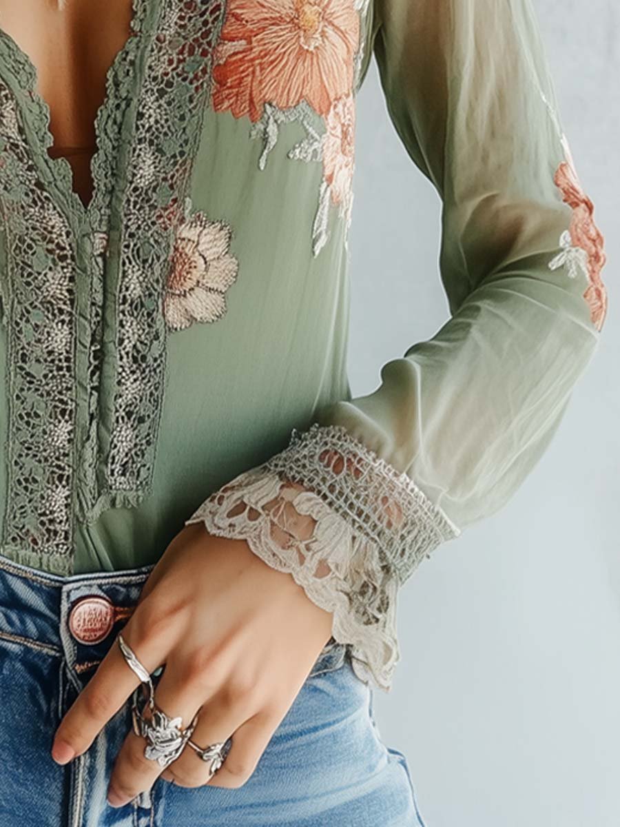 Florvane boho floral lace blouse - full length