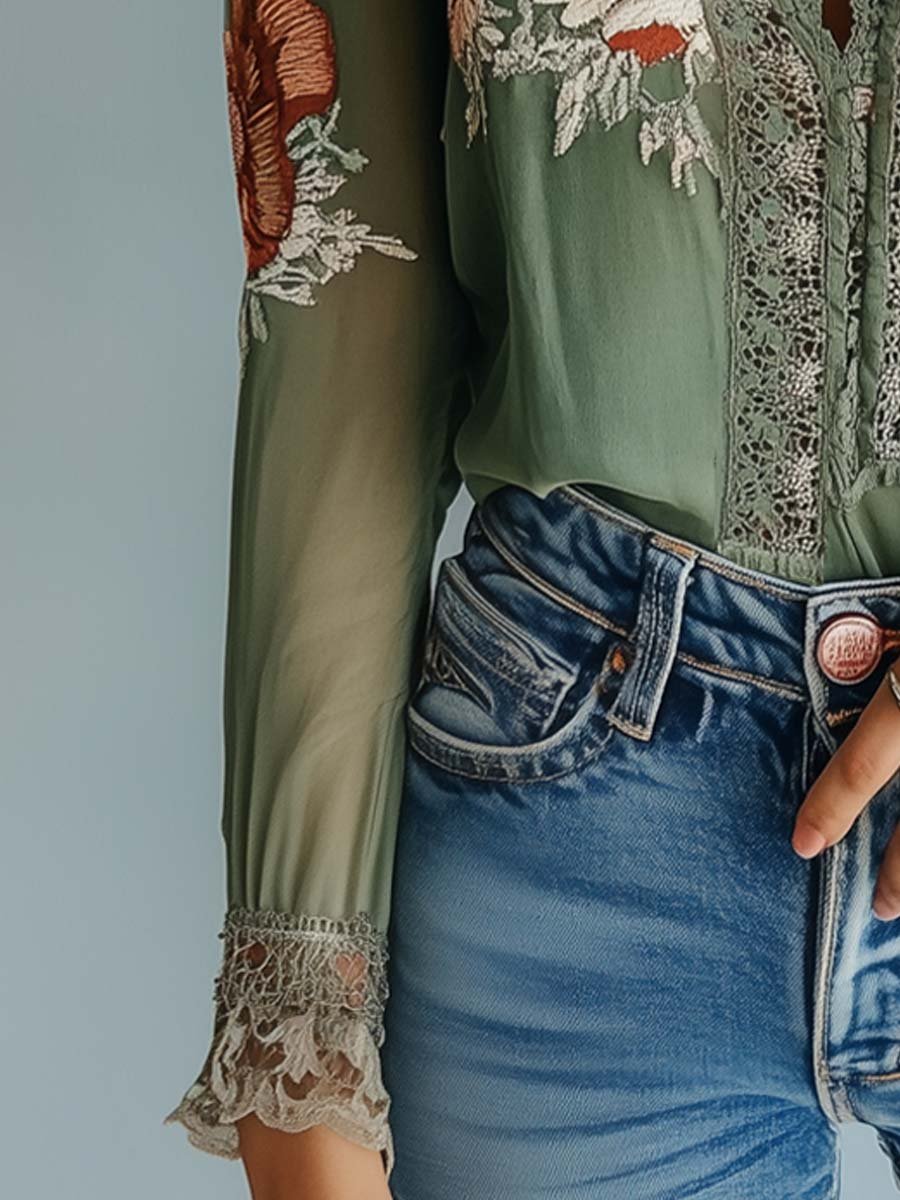 Florvane boho floral lace blouse - back view