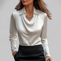 Women's Satin Blouse with Cowl Neck, Long Sleeve Collared Shirt