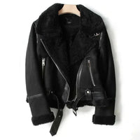 Women's Sherpa Lined Leather Biker Jacket, Belted Aviator Jacket