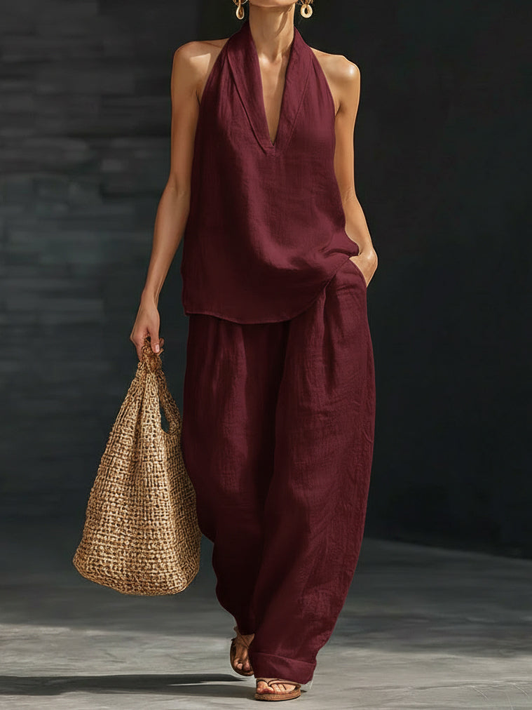 Linave burgundy linen halter two-piece set - front view