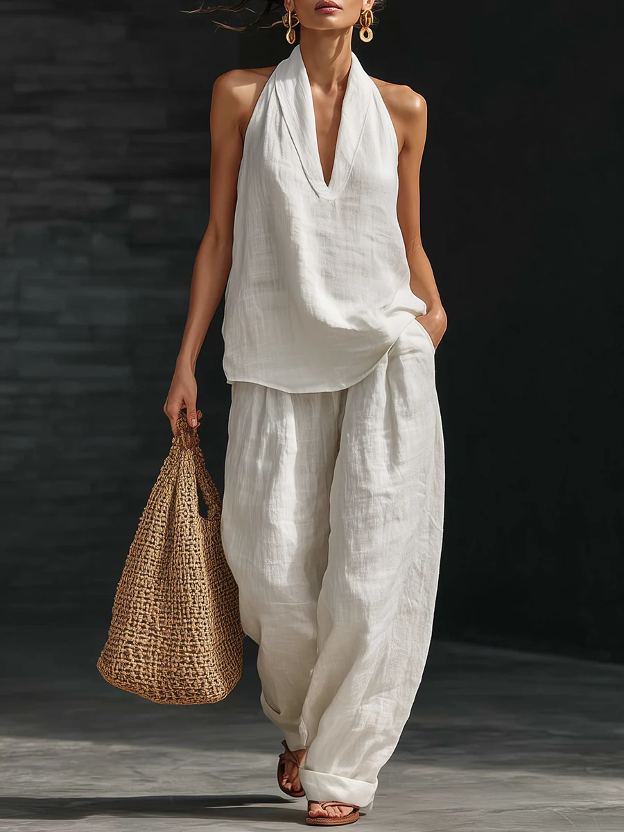 Linave white linen halter two-piece set - front view