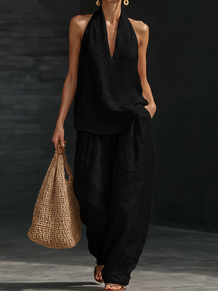 Linave black linen halter two-piece set - front view