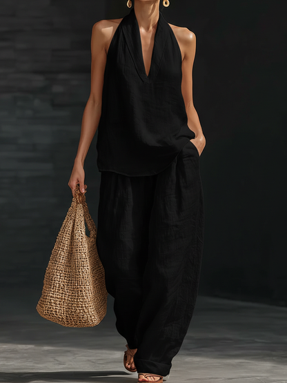 Linave black linen halter two-piece set - front view