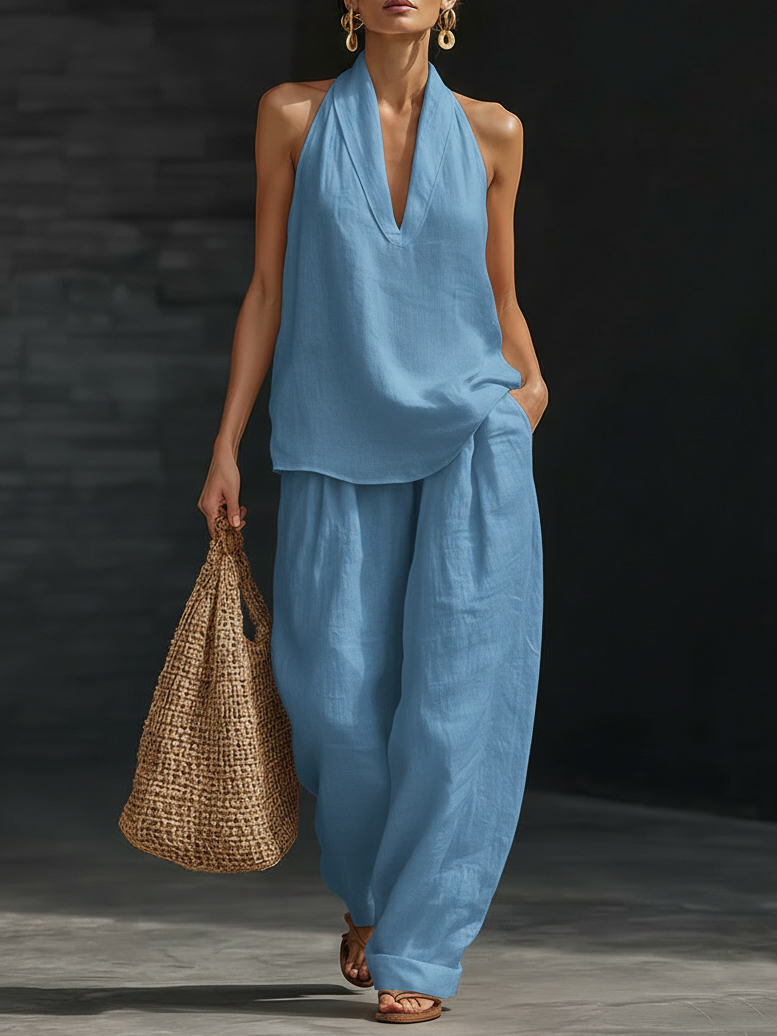 Linave blue linen halter two-piece set - front view