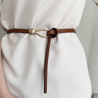 Women's Thin Leather Waist Belt with Gold Ring Buckle