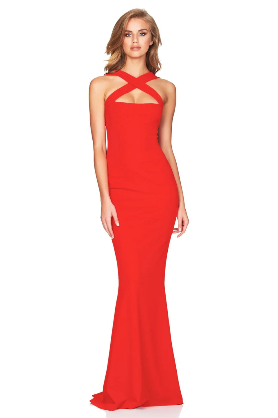 Ralvane red halter open-back maxi dress front