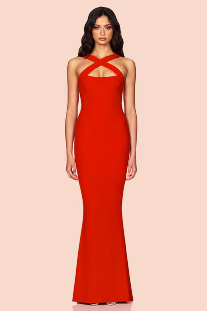 Ralvane red halter dress back view