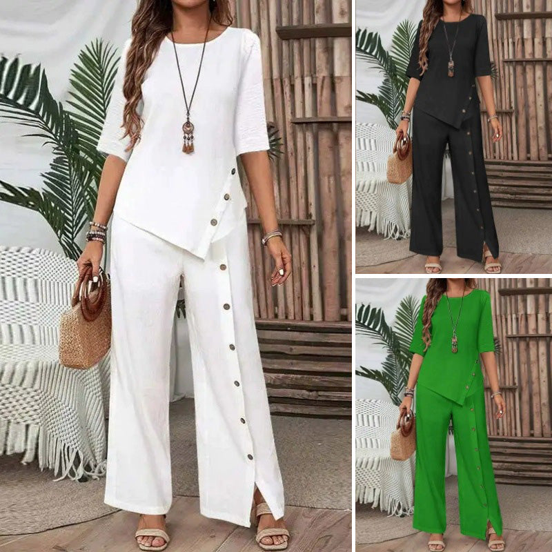 Belvaine boho irregular hem top and wide-leg pants set - front view