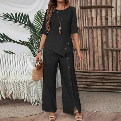 Belvaine | Boho irregular hem top and wide-leg pants co-ord set