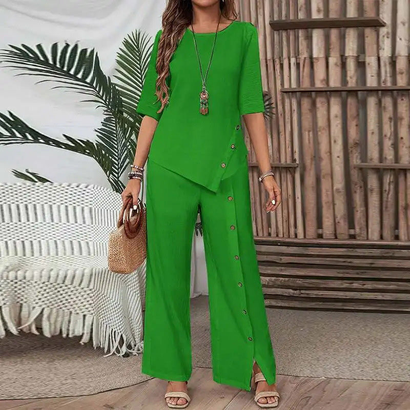Belvaine | Boho irregular hem top and wide-leg pants co-ord set