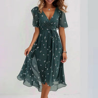 Delariane | Midi Dress V-Neck Short Sleeve Floral Print A-Line Flowy Midi