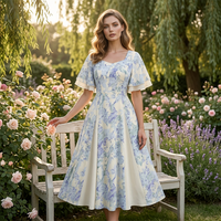 Cyrelle | Midi Dress Square Neckline Flutter Sleeves Fit-and-Flare Vintage Floral Print
