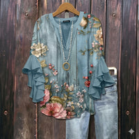 Azelline | Floral Blouse Soft Blue V-Neck Flared Sleeves Lightweight