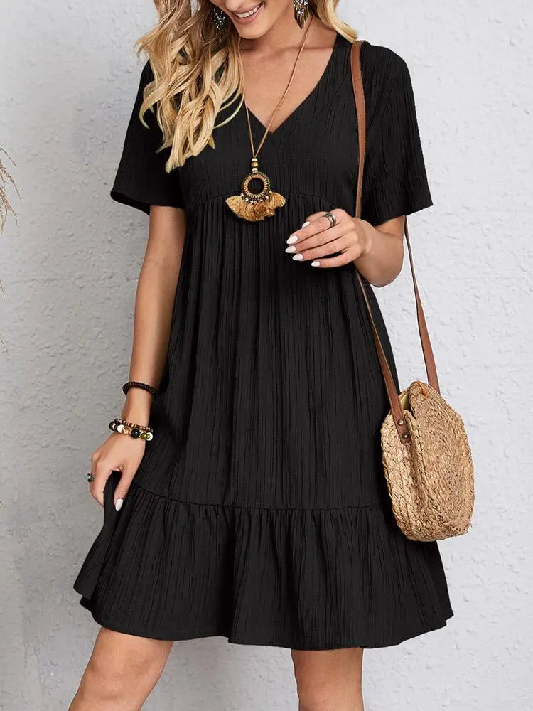 Delvine black boho V-neck ruffle dress