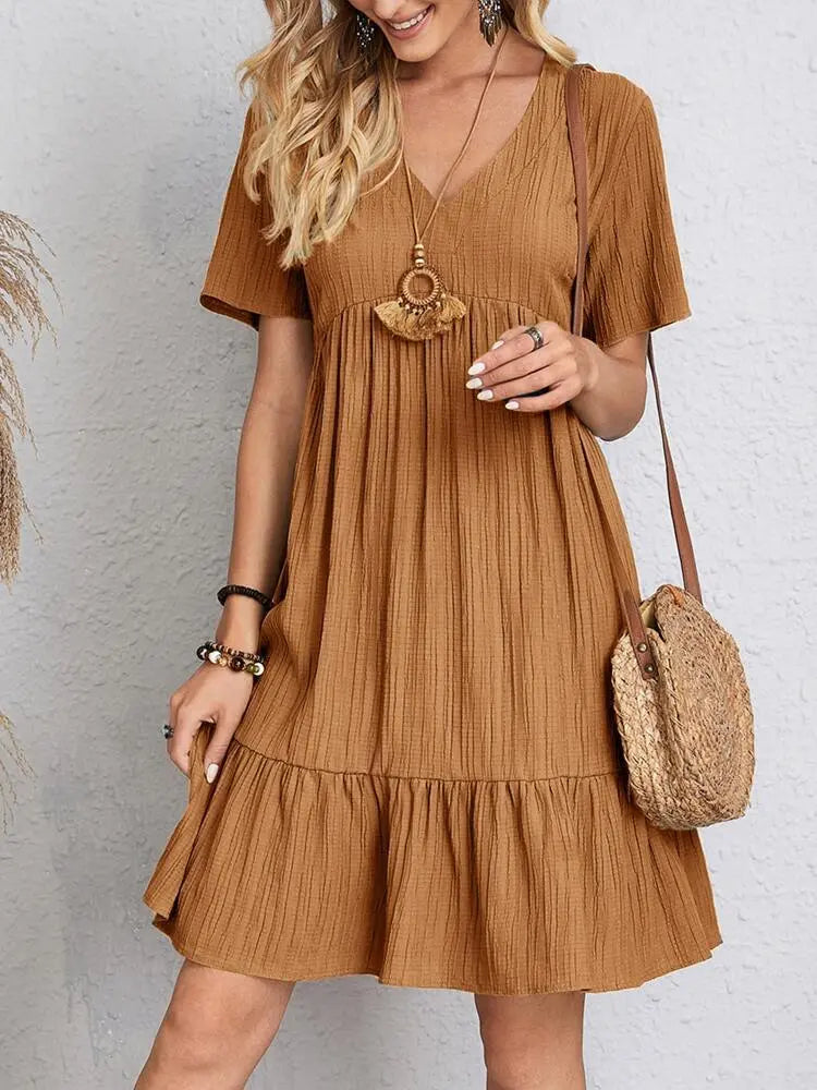 Delvine brown boho V-neck ruffle dress