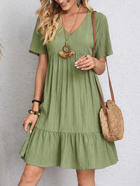 Delvine | Boho V-neck ruffle mini dress with A-line silhouette
