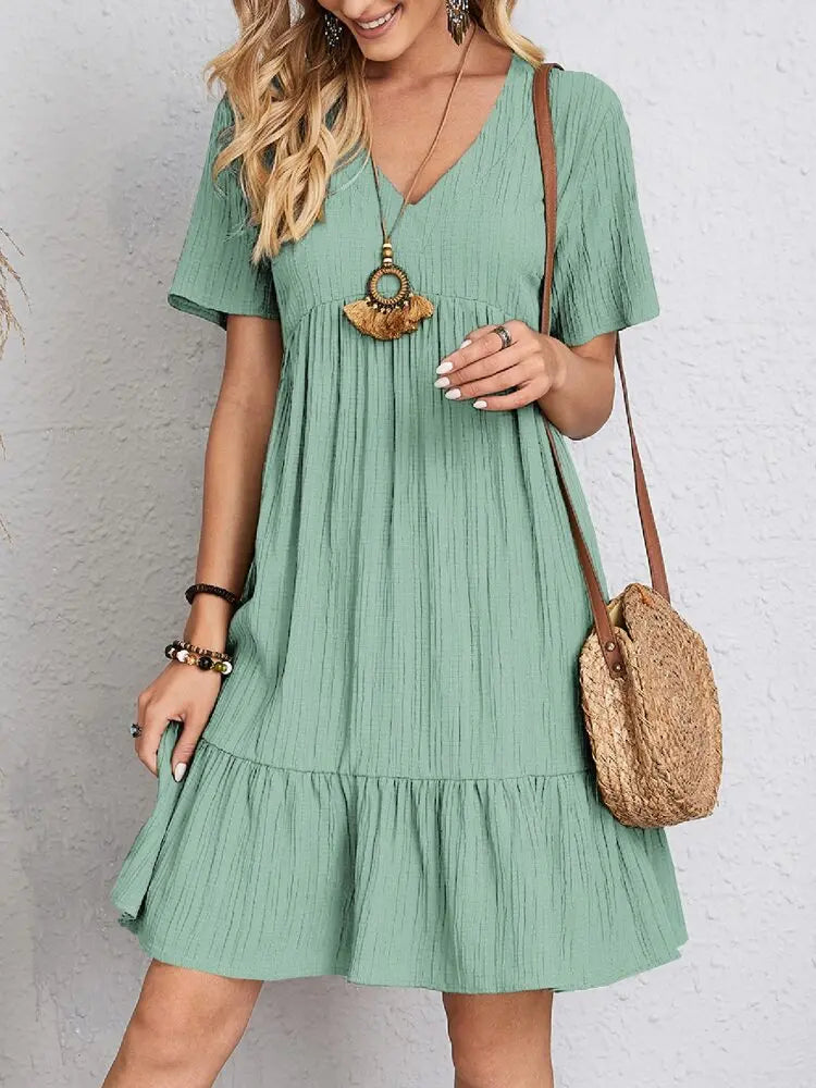 Delvine light green boho V-neck ruffle dress