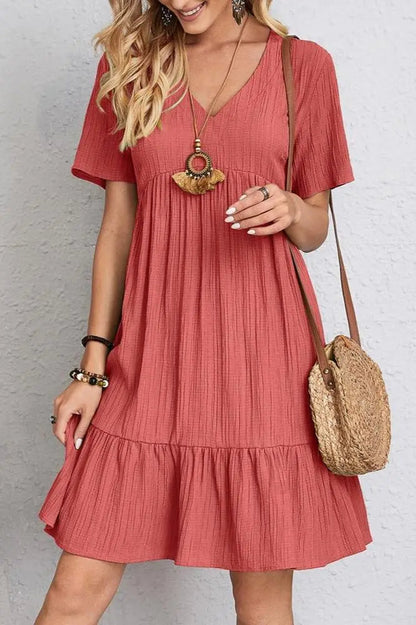 Delvine red boho V-neck ruffle mini dress - front view